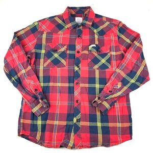 Topo Designs Shirt Mens Medium Red Plaid Flannel Button Up Outdoors Hiking